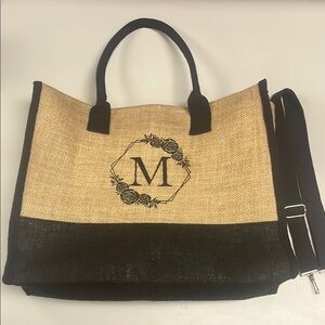 Monogrammed letter M Black and Tan burlap large zip Tote Bag w/ strap preowned